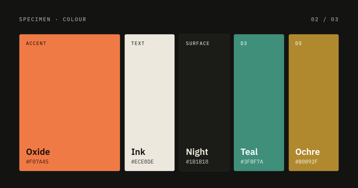Colour specimen: night, ink, and oxide accent